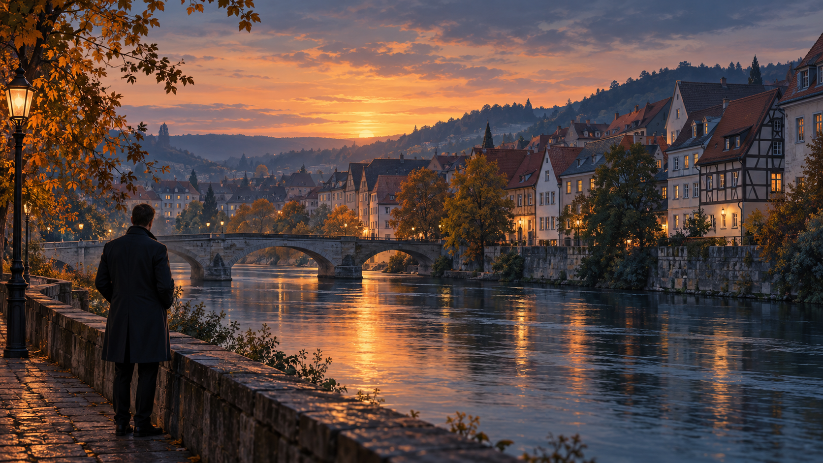 Symbolische, von Thüringen inspirierte Flussstadt im Abendlicht für Ermittlungen in Mitteldeutschland